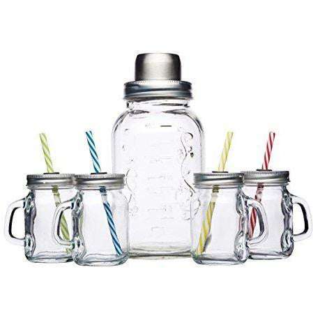 Vintage Cocktail Set - Rustic Shaker, 4 Mini Jars with Lids & Straws, Recipe Leaflet Included - Home Deco London